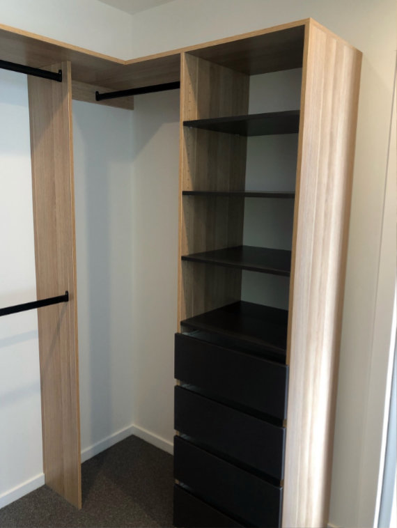 wardrobe storage with black draw inserts